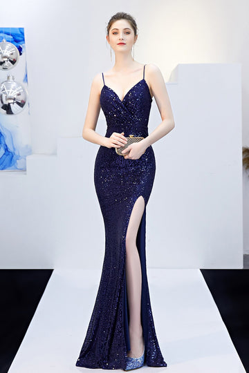 Sequins Spaghetti Straps Ball Dress with Slit